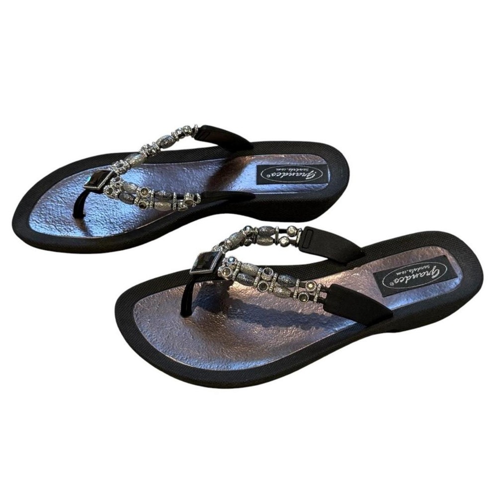 Grandco Rhinestone Thong Sandals Black Sz 7